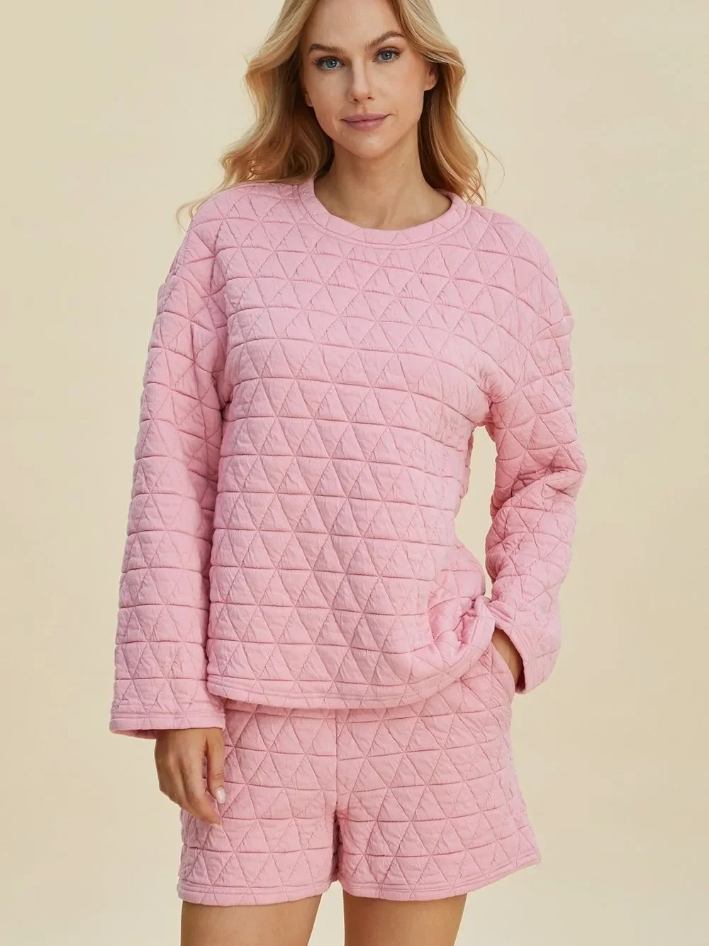 Quilted Pink Lounge Short Set - Women's Matching Sets Sz XL [12/14]